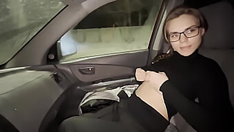 Young Girl With Glasses Gives Oral In Stopped Car