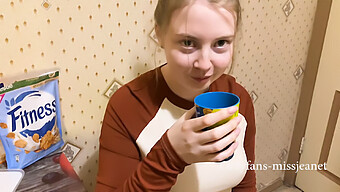 Russian Teen With Natural Assets Gives Oral Pleasure In Kitchen